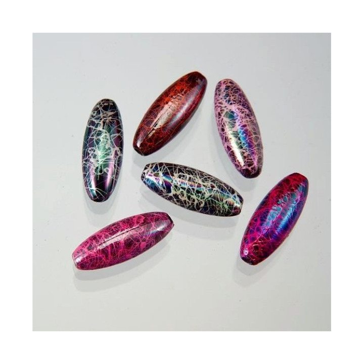 OLIVA LUNGA IN PLASTICA COLORI ASSORTITI  30x12 mm. Confezione da 0,5 KG.
