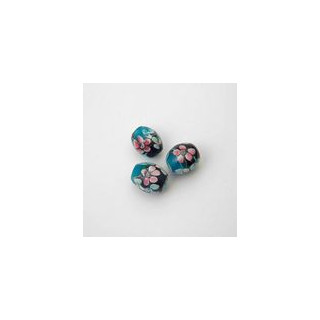 FILO DI PERLE VETRO OLIVA MEDIO NERO E BLU FIORI DIPINTI A MANO