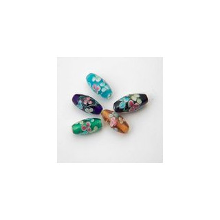 FILO DI PERLE VETRO FOGLIO OLIVA ALLUNGATO BLU  FIORI DIPINTO A MANO