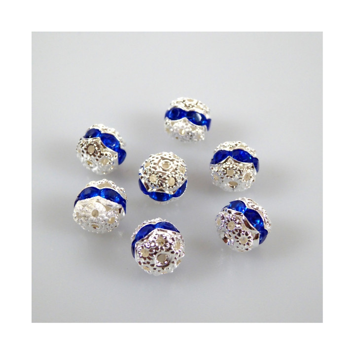 DISTANZIATORE PERLA IN ARGENTO CON 6 STRASS BLU 7x7 mm