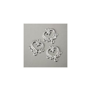 Base per Orecchini, Pendente a forma di Cuore con Ricamo con 6 Anellini in Zama Bagno Argento - Confezione da 200 PZ.