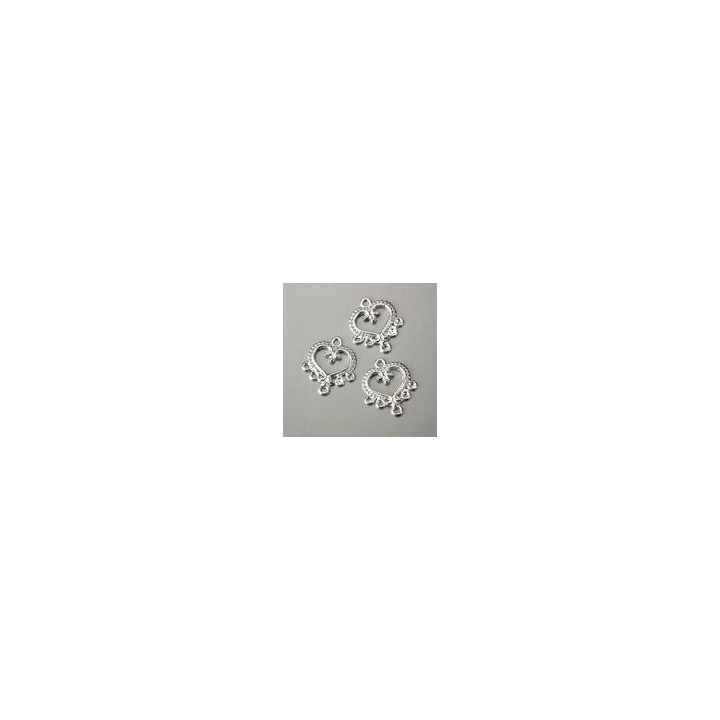 Base per Orecchini, Pendente a forma di Cuore con Ricamo con 6 Anellini in Zama Bagno Argento - Confezione da 200 PZ.