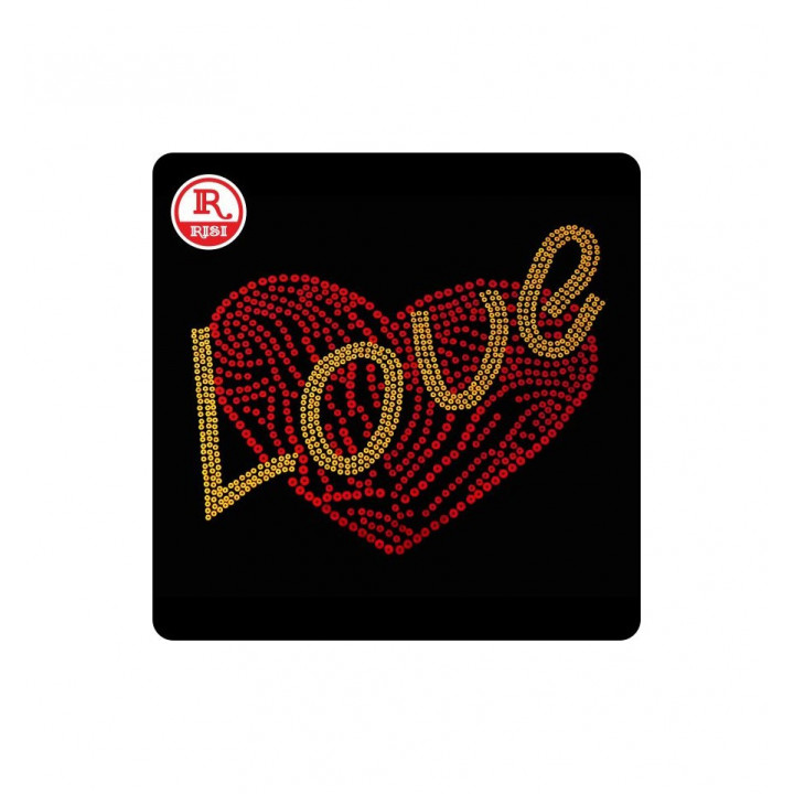 SCRITTA LOVE GIALLA CON CUORE CON PAILLETTES TERMOADESIVE PER TESSUTO MISURA cm 24x19