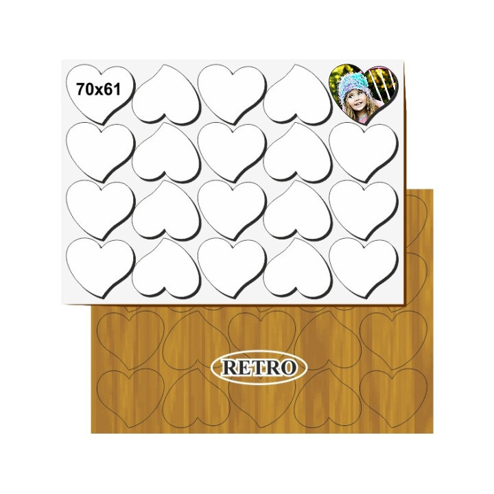 20 TESSERE CUORE 70x61 mm IN MDF SUBLIMABILE SU PANNELLO 25x35 cm SPESSORE  3 mm
