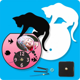 OROLOGIO IN MDF 20,2x16,8 cm A FORMA DI VASO CON GATTO COMPLETO DI MOVIMENTO E LANCETTE