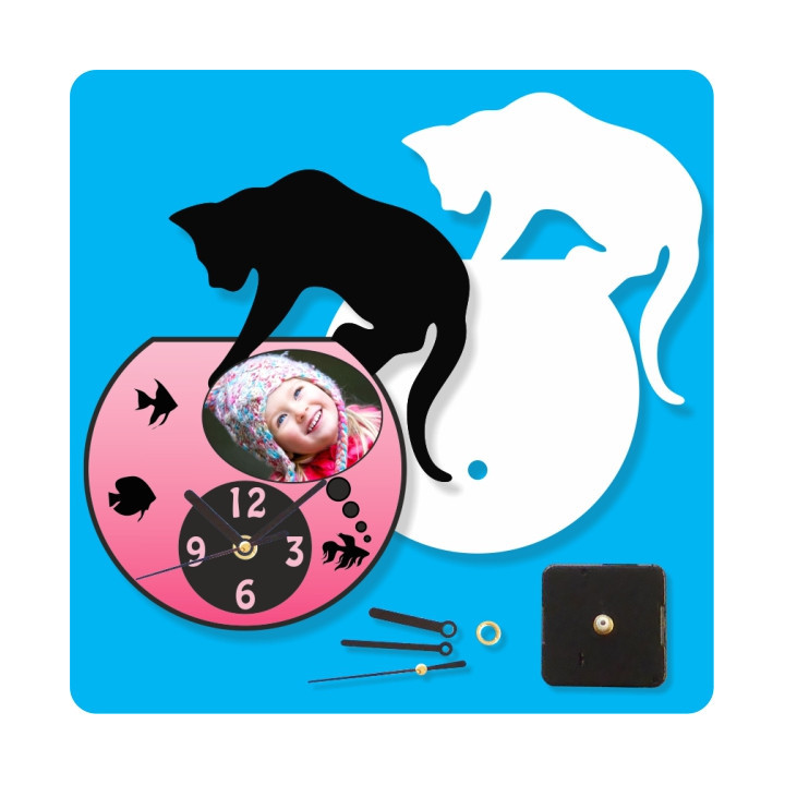 OROLOGIO IN MDF 20,2x16,8 cm A FORMA DI VASO CON GATTO COMPLETO DI MOVIMENTO E LANCETTE