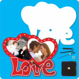 OROLOGIO IN MDF 20x15,7 cm A FORMA DI 2 CUORI CON LOVE COMPLETO DI MOVIMENTO E LANCETTE