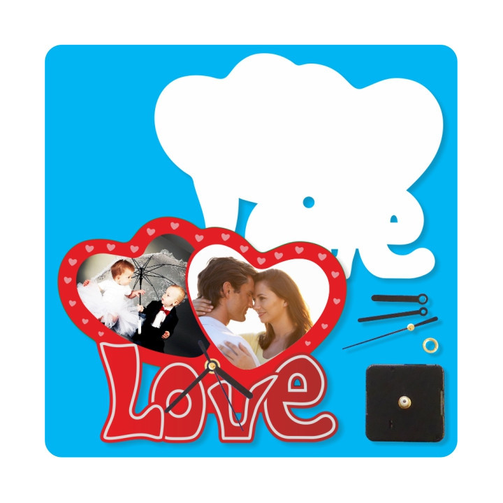 OROLOGIO IN MDF 20x15,7 cm A FORMA DI 2 CUORI CON LOVE COMPLETO DI MOVIMENTO E LANCETTE