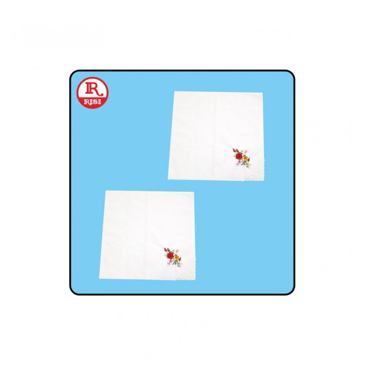 FAZZOLETTO IN COTONE 28x28 cm CON PIZZO E FIORI RICAMATI