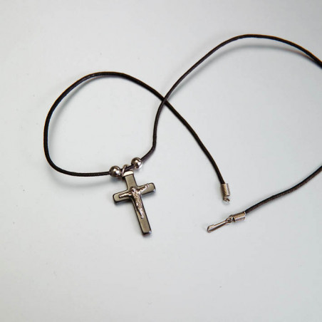 GIROCOLLO CON CORDA NERA PIU' CROCE EMATITE CRISTO NIKEL