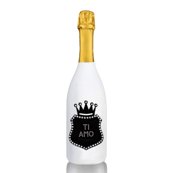 Prosecco Extra Dry l. 0,75 - Bottiglia in Velluto Bianco con Corona in Velluto Nero e Strass in Cristallo