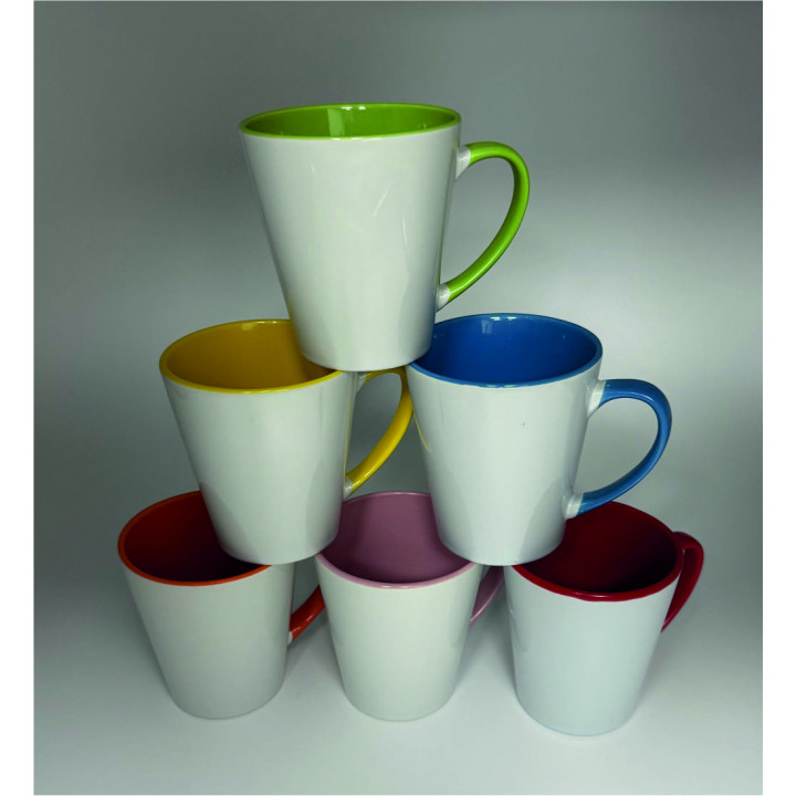 Tazza conica bianca con interno e manico colorato per sublimazione